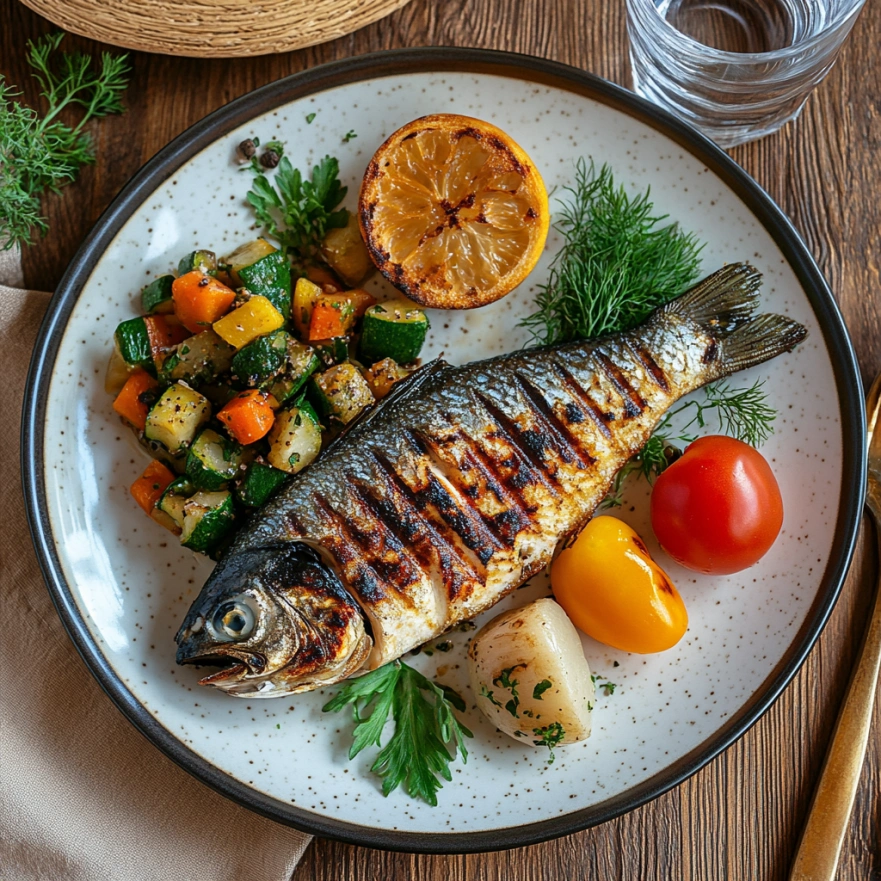 Збалансований обід для людей поважного віку з різноманітними овочами та фруктами